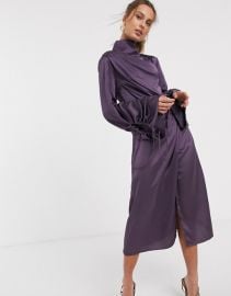 Unqiue21 high neck gathered sleeve satin drape dress   ASOS at Asos